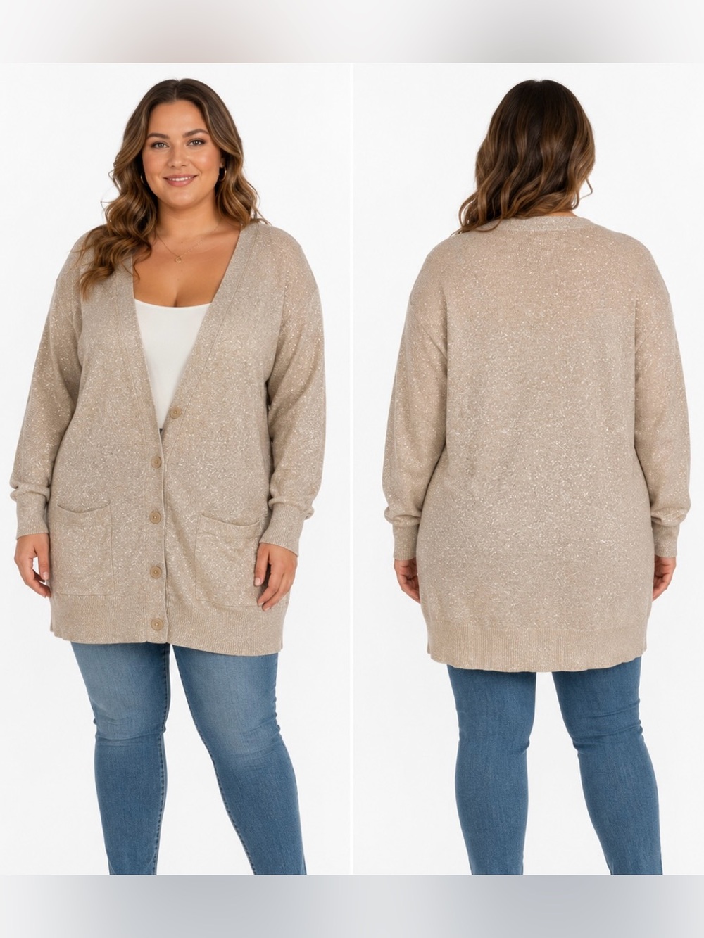 A.n.a Long Cardigan Women’s 1X Gold Metallic Long Button Up Pockets Sweater